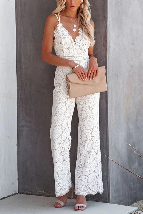 Trixiedress V Neck Wide Leg Lace Cami Jumpsuit