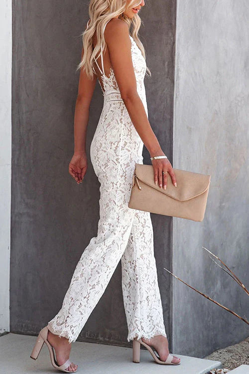 Trixiedress V Neck Wide Leg Lace Cami Jumpsuit