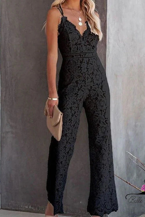 Trixiedress V Neck Wide Leg Lace Cami Jumpsuit