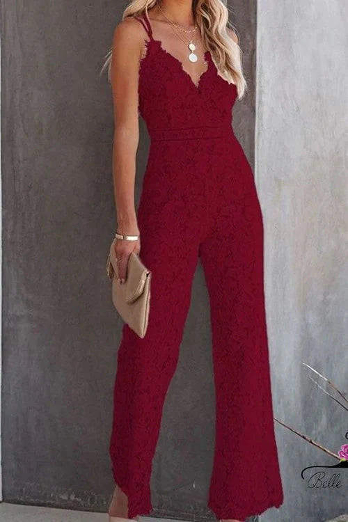 Trixiedress V Neck Wide Leg Lace Cami Jumpsuit