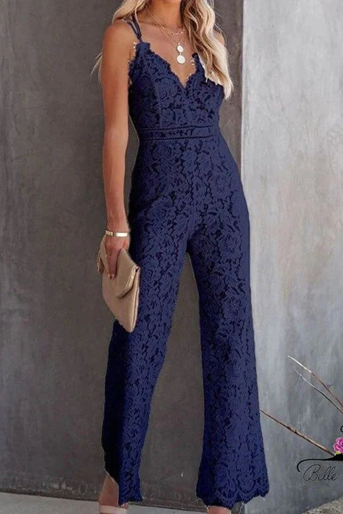Trixiedress V Neck Wide Leg Lace Cami Jumpsuit