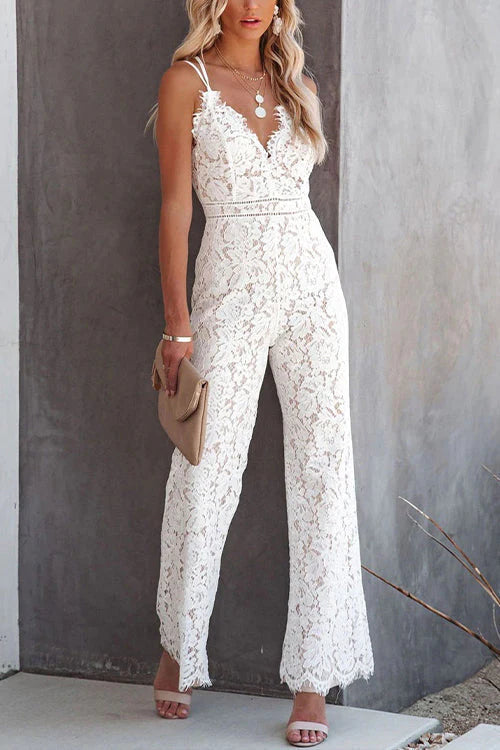 Trixiedress V Neck Wide Leg Lace Cami Jumpsuit
