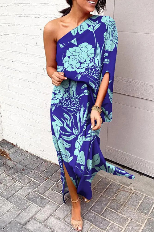 Trixiedress Casual One Shoulder Side Split Printed Dress