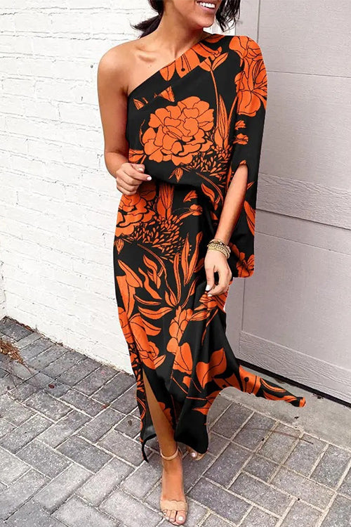 Trixiedress Casual One Shoulder Side Split Printed Dress
