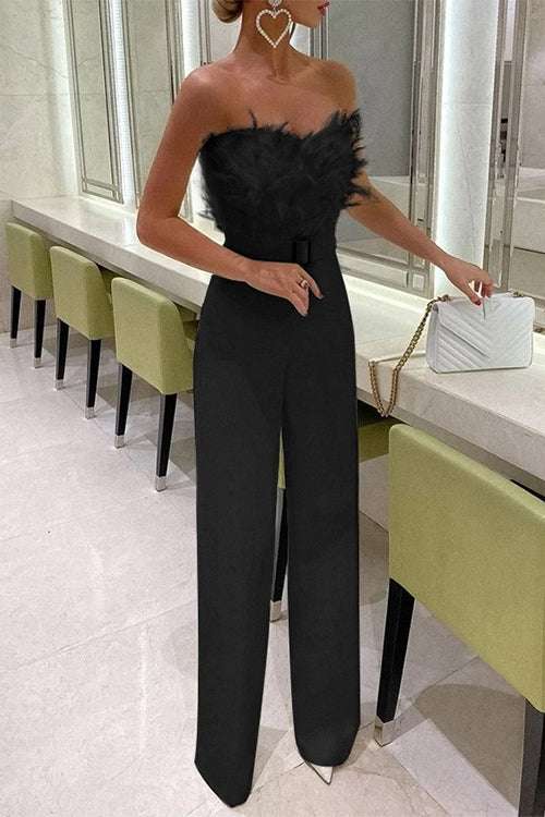 Trixiedress Off Shoulder Feather Splice Belted Jumpsuit