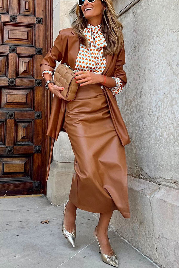 Trixiedress Casual Ruched Side Split Leather Skirt