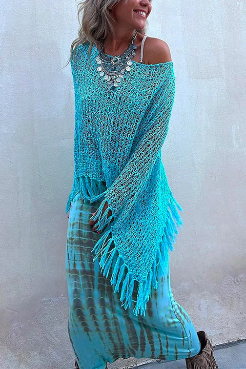 Trixiedress Stylish Hollow Out Crochet Tassel Poncho Sweater