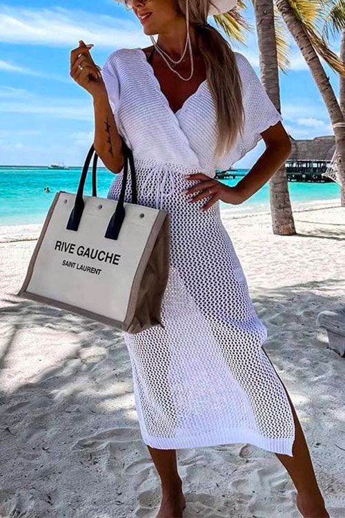 Trixiedress Wrap V Neck Tie Waist Side Slit Crochet Cover Up Dress