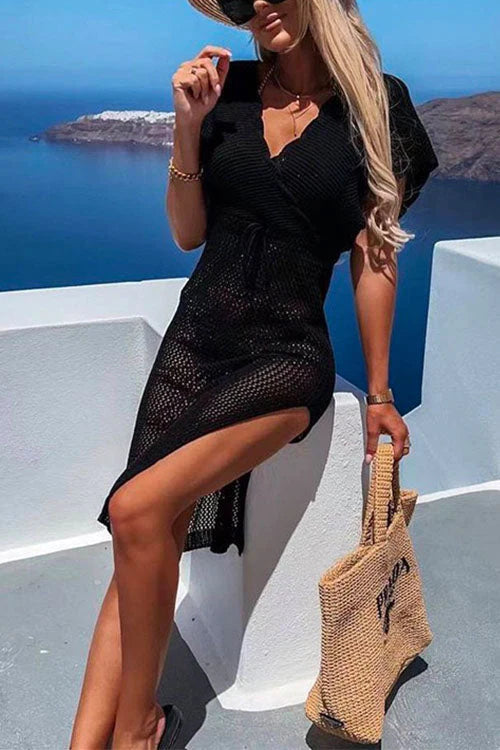 Trixiedress Wrap V Neck Tie Waist Side Slit Crochet Cover Up Dress