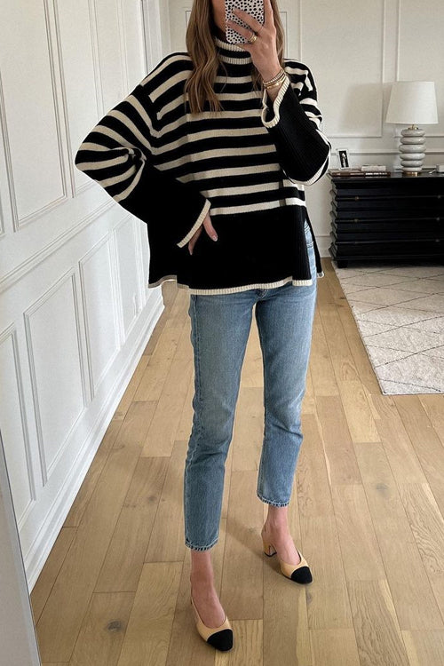 Trixiedress Striped Tuetleneck Side Split Pullover Sweater