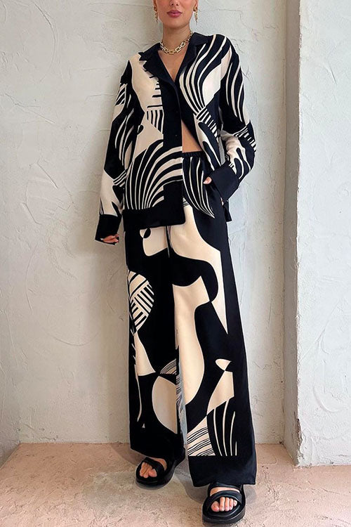 Trixiedress Graphic Printed Long Sleeve Blouse Shirt Wide Leg Pants 2 Pieces Set
