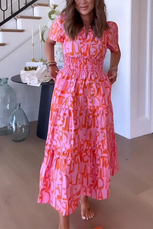 Trixiedress V Neck Smocked Waist Abstract Print Maxi Swing Dress