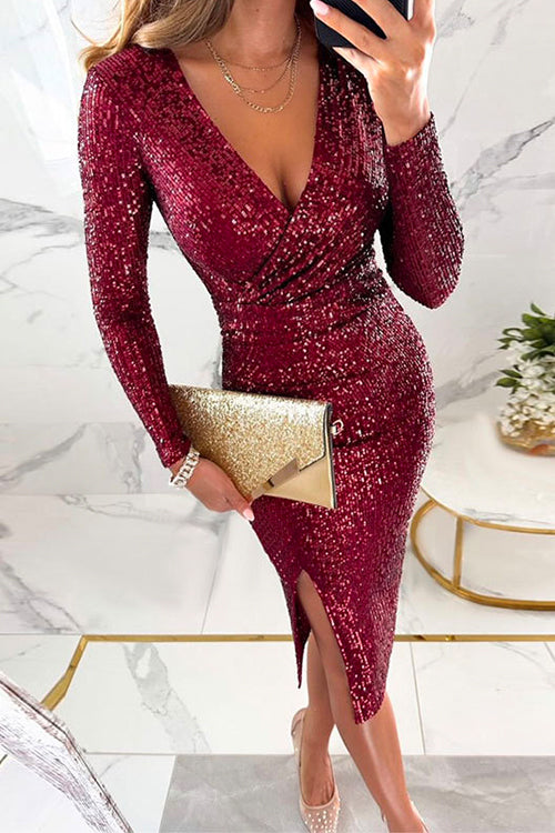 Trixiedress Wrap V Neck Waisted Slit Bodycon Sequin Midi Dress