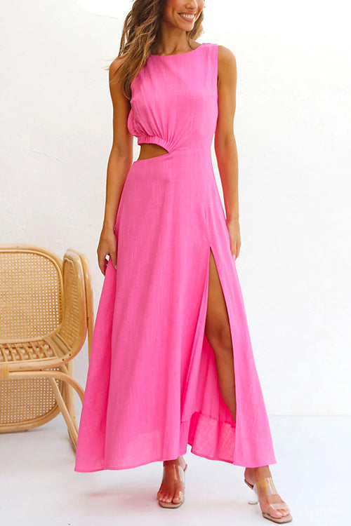 Trixiedress Sleeveless Cut Out Waist High Slit Maxi Swing Dress