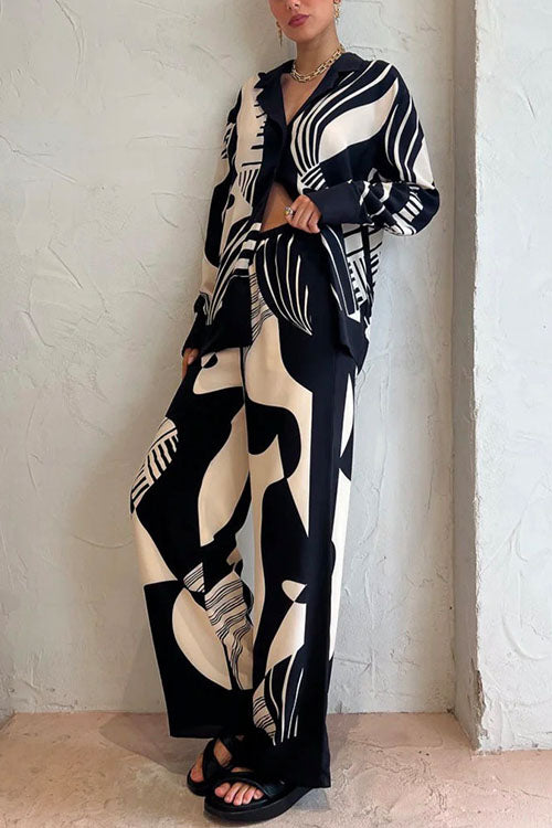Trixiedress Graphic Printed Long Sleeve Blouse Shirt Wide Leg Pants 2 Pieces Set
