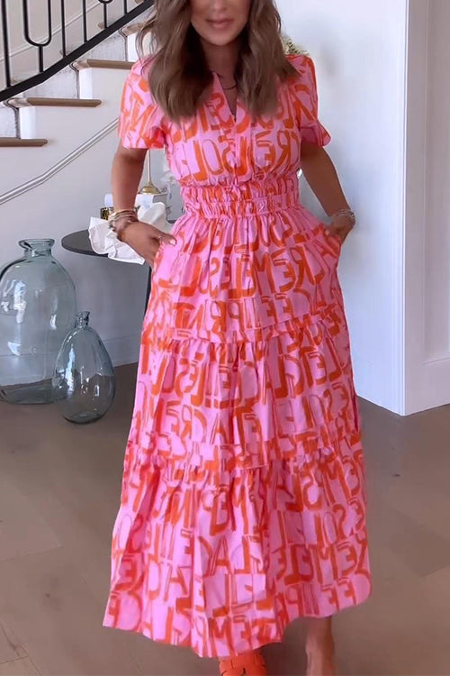 Trixiedress V Neck Smocked Waist Abstract Print Maxi Swing Dress