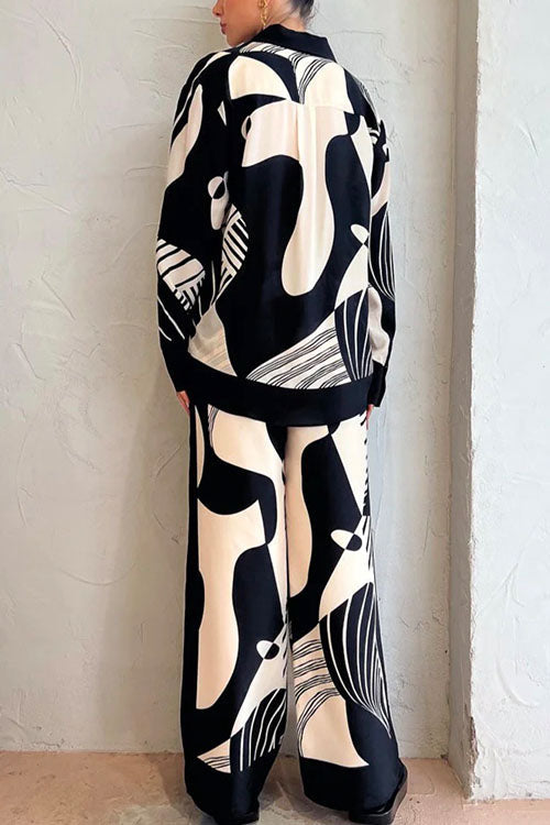Trixiedress Graphic Printed Long Sleeve Blouse Shirt Wide Leg Pants 2 Pieces Set