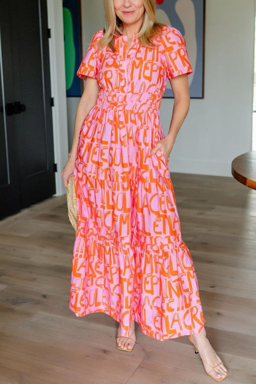 Trixiedress V Neck Smocked Waist Abstract Print Maxi Swing Dress