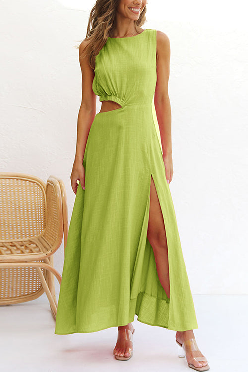 Trixiedress Sleeveless Cut Out Waist High Slit Maxi Swing Dress