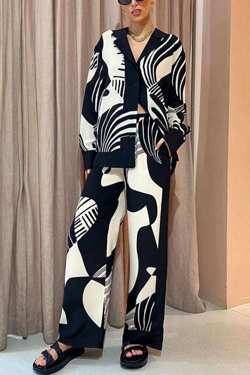 Trixiedress Graphic Printed Long Sleeve Blouse Shirt Wide Leg Pants 2 Pieces Set