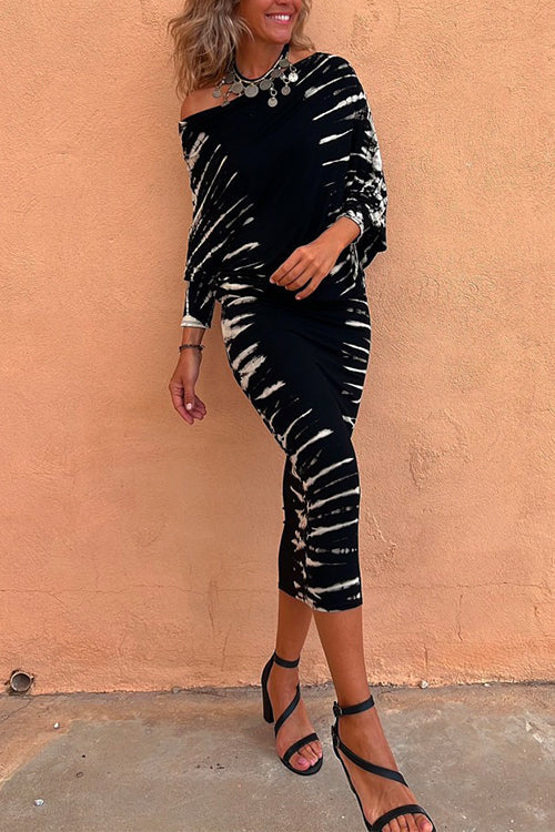 Trixiedress Cold Shoulder Batwing Sleeve Waisted Tie Dye Dress