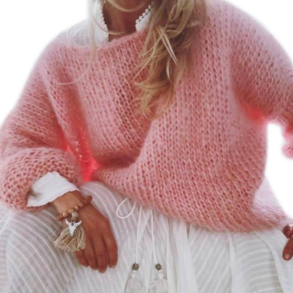 Trixiedress Solid Boat Neck Fluffy Knitting Sweater