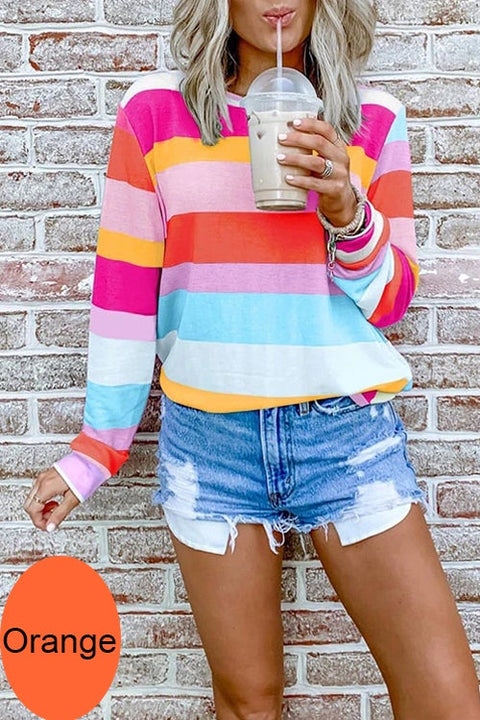 Trixiedress Long Sleeve Color Block Rainbow Stripes Pullover