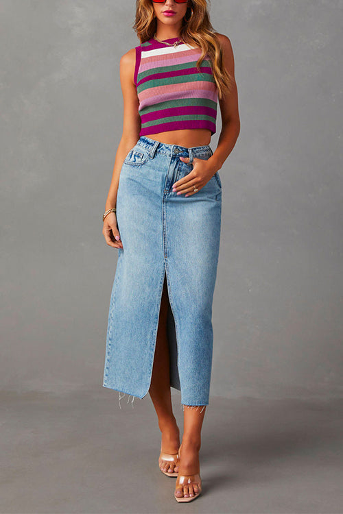 Trixiedress High Rise Raw Hem Slit Front Denim Midi Skirt