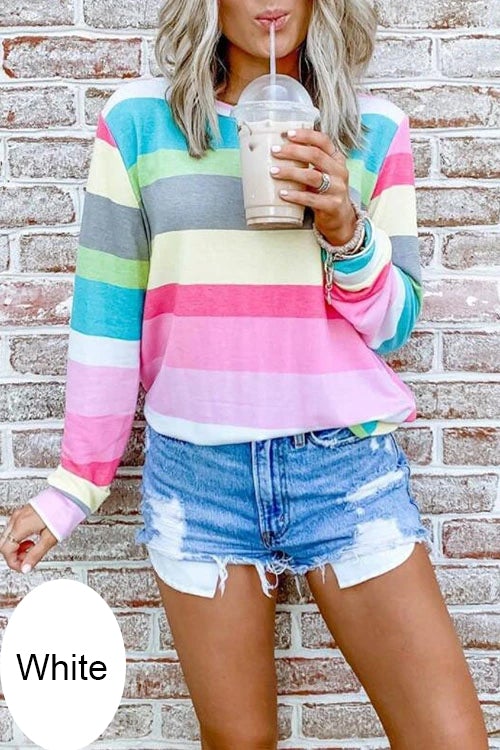 Trixiedress Long Sleeve Color Block Rainbow Stripes Pullover