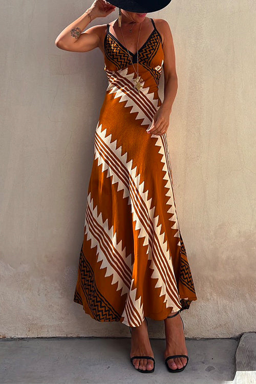 Trixiedress V Neck Color Block Printed Maxi Swing Cami Dress