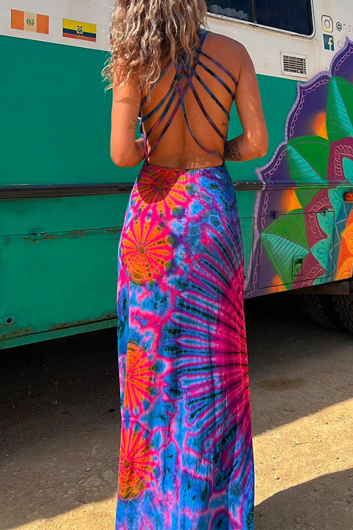 Trixiedress Criss Cross Strappy Backless Tie Dye Maxi Holiday Dress