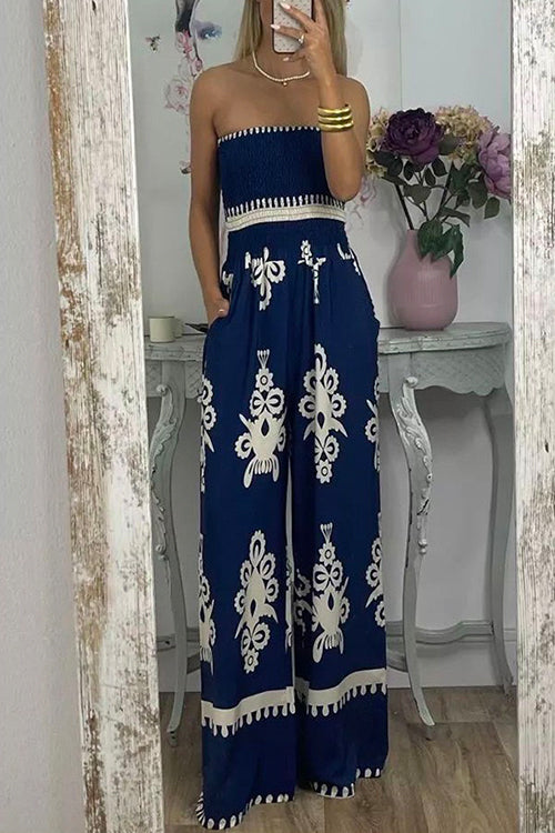 Trixiedress Off Shoulder Smocked High Waist Wide Leg Printed Jumpsuit