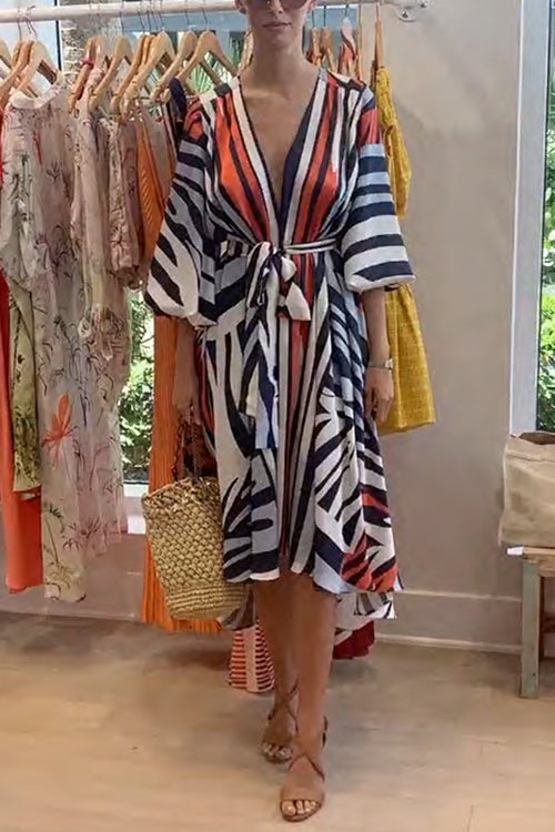 Trixiedress V Neck Lantern Sleeve Tie Waist Printed Irregular Swing Dress