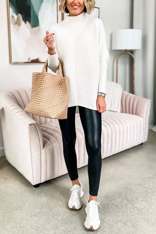 Trixiedress Solid Turtleneck Ribbed Knit Tunic Sweater