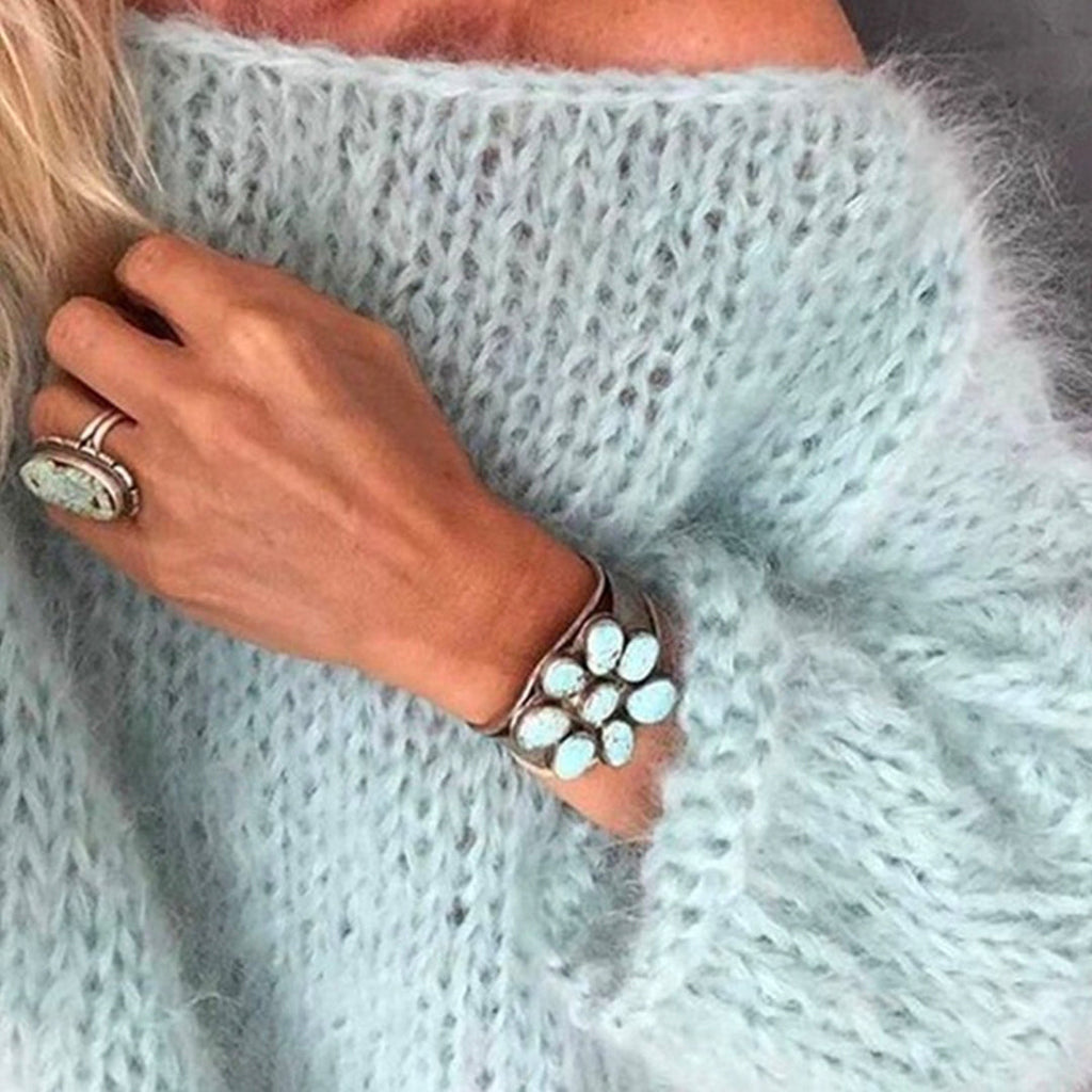 Trixiedress Solid Boat Neck Fluffy Knitting Sweater