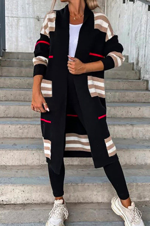 Trixiedress Open Front Color Block Striped Splice Long Sweater Cardigan