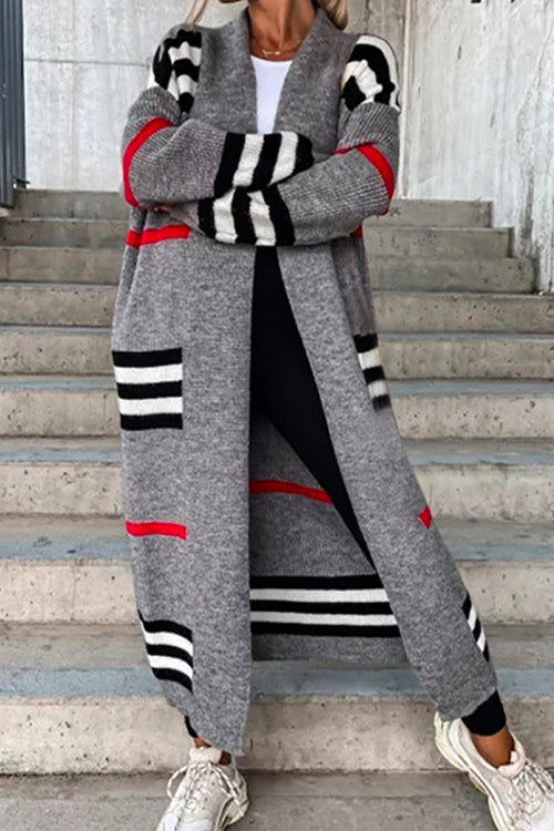Trixiedress Open Front Color Block Striped Splice Long Sweater Cardigan
