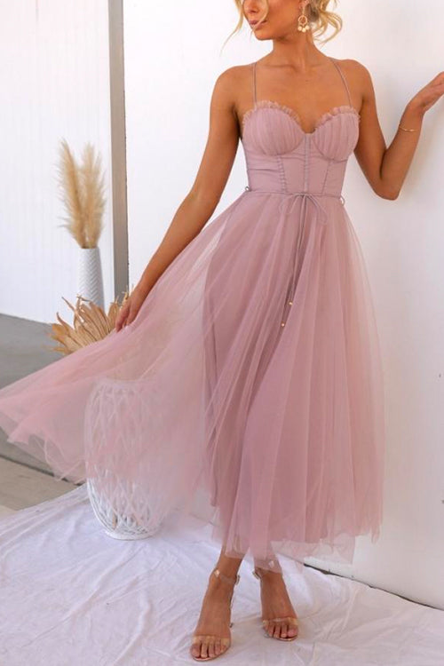 Trixiedress Backless Tie Waist Mesh Swing Maxi Cami Dress