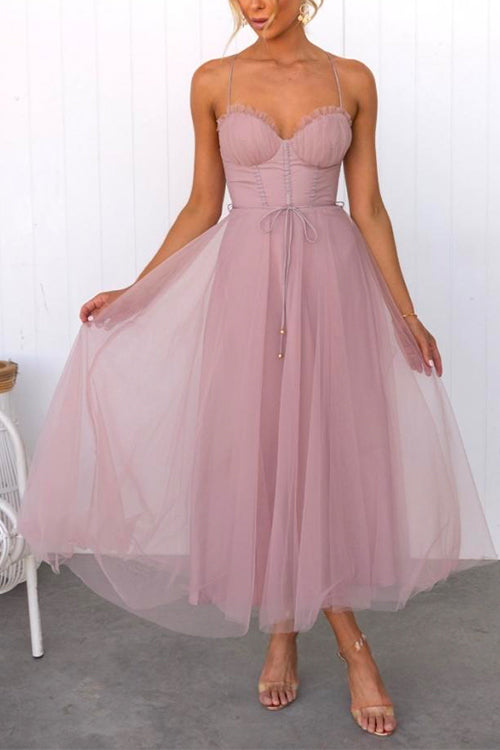 Trixiedress Backless Tie Waist Mesh Swing Maxi Cami Dress