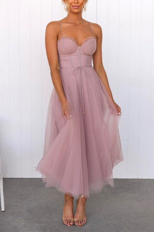 Trixiedress Backless Tie Waist Mesh Swing Maxi Cami Dress