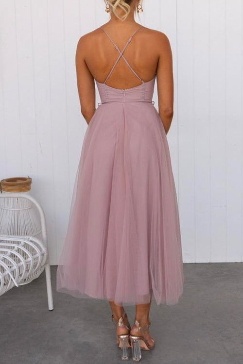 Trixiedress Backless Tie Waist Mesh Swing Maxi Cami Dress