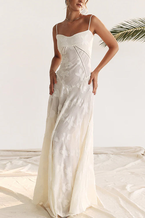 Trixiedress Spaghetti Strap Back Lace-up Applique Flower Lace Maxi Dress