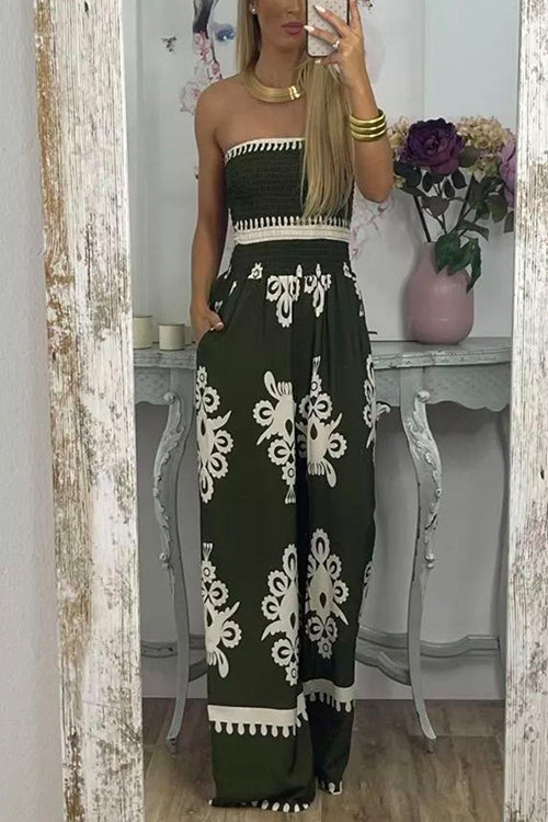 Trixiedress Off Shoulder Smocked High Waist Wide Leg Printed Jumpsuit