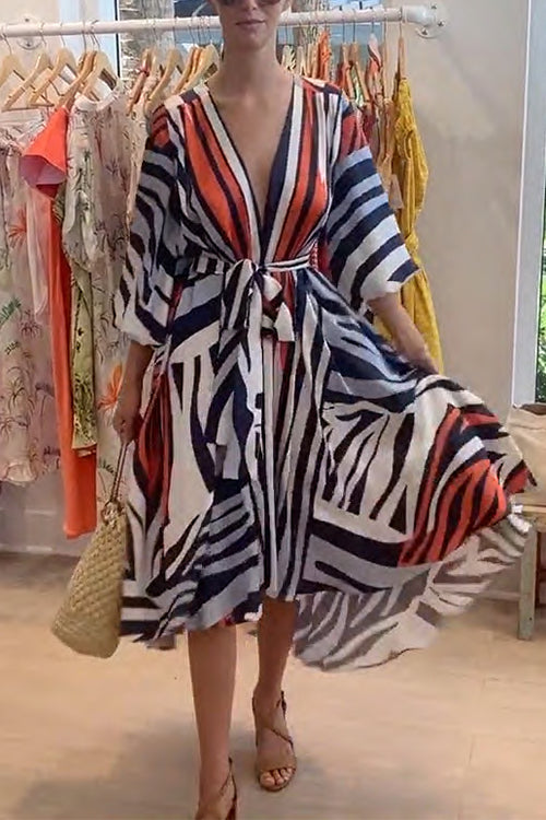 Trixiedress V Neck Lantern Sleeve Tie Waist Printed Irregular Swing Dress
