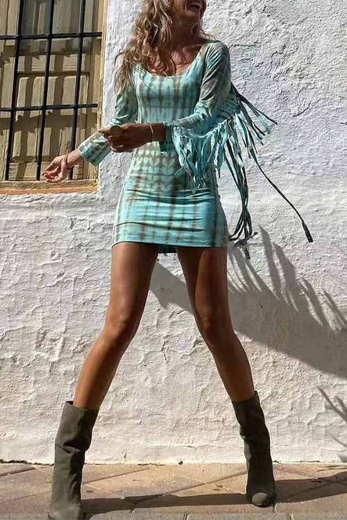 Trixiedress Tie Dye Long Sleeves Tassle Mini Dress