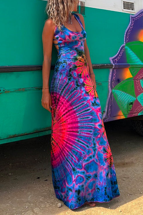 Trixiedress Criss Cross Strappy Backless Tie Dye Maxi Holiday Dress