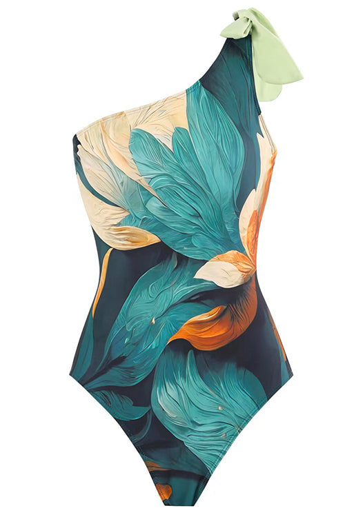 Trixiedress Bow One Shoulder One-piece Swimsuit Ruffle Cover Up Skirt Printed Set