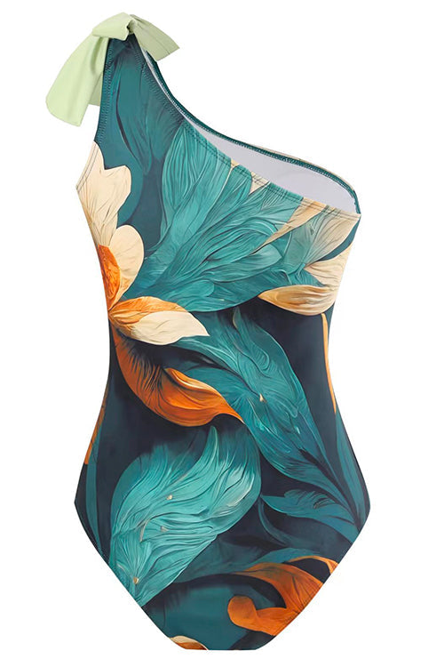 Trixiedress Bow One Shoulder One-piece Swimsuit Ruffle Cover Up Skirt Printed Set