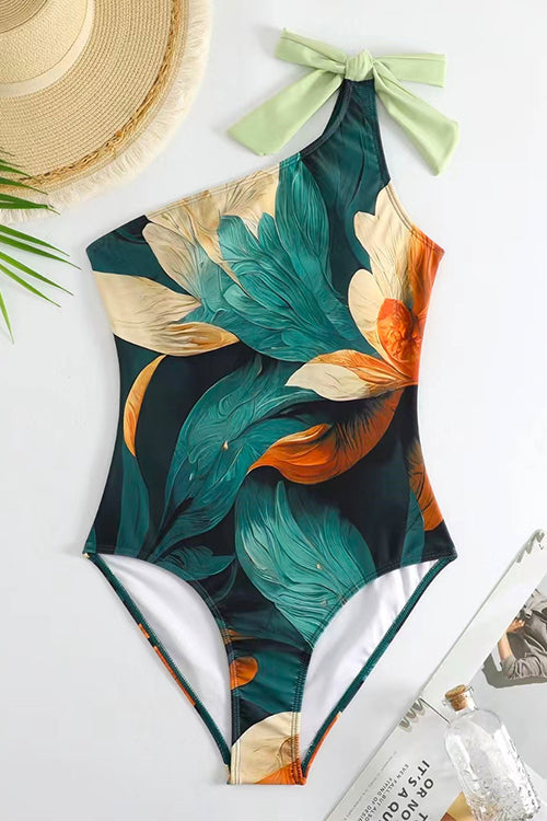 Trixiedress Bow One Shoulder One-piece Swimsuit Ruffle Cover Up Skirt Printed Set