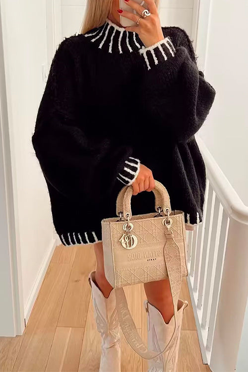 Trixiedress Turtleneck Drop Shoulder Color Block Pullover Sweater